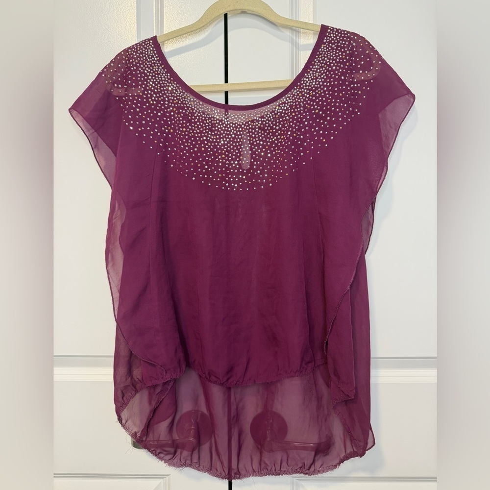 Lane Bryant plus Plum Chiffon Blouse Rhinestone Embellished Sheer Overlay 14/16W
